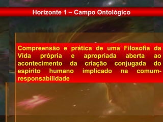 Horizonte 1 – Campo Ontológico
Compreensão e prática de uma Filosofia da
Vida própria e apropriada aberta ao
acontecimento da criação conjugada do
espírito humano implicado na comum-
responsabilidade
 