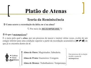 Platão de Atenas
 O que é metempsicose?
É o meio pelo qual a alma, por um processo de nascer e morrer várias vezes, evolui de um
estágio inferior para uma condição superior a partir da recordação acumulativa [  ] do
que já se encontra dentro de si.
 Veja:
 Como ocorre a recordação da idéia em si na alma?
 Por meio da METEMPSICOSE 
 Cabeça
 Tórax
Abdômen
Alma de Ouro: Magistrados: Sabedoria.
Alma de Prata: Guerreiros: Coragem.
Alma de Bronze: Trabalhadores: Temperança.
Este processo de evolução
recebe o nome de
metempsicose
Teoria da Reminiscência
 