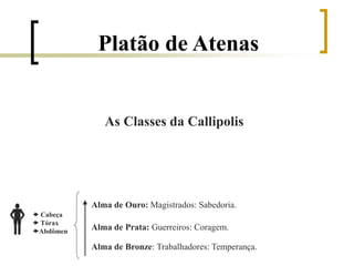 Platão de Atenas
 Cabeça
 Tórax
Abdômen
Alma de Ouro: Magistrados: Sabedoria.
Alma de Prata: Guerreiros: Coragem.
Alma de Bronze: Trabalhadores: Temperança.
As Classes da Callipolis
 