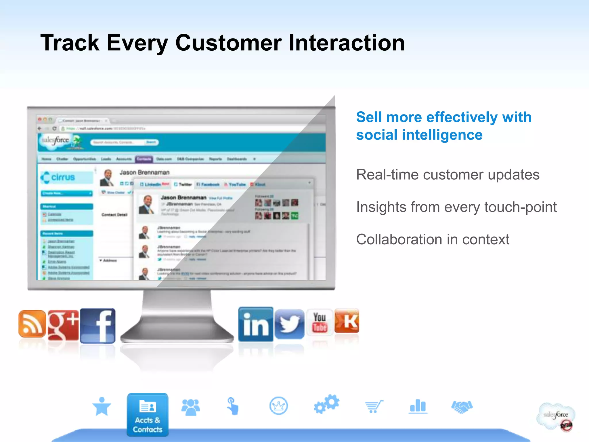 Track Every Customer Interaction


                           Sell more effectively with
                           social intelligence

                           Real-time customer updates

                           Insights from every touch-point

                           Collaboration in context
 