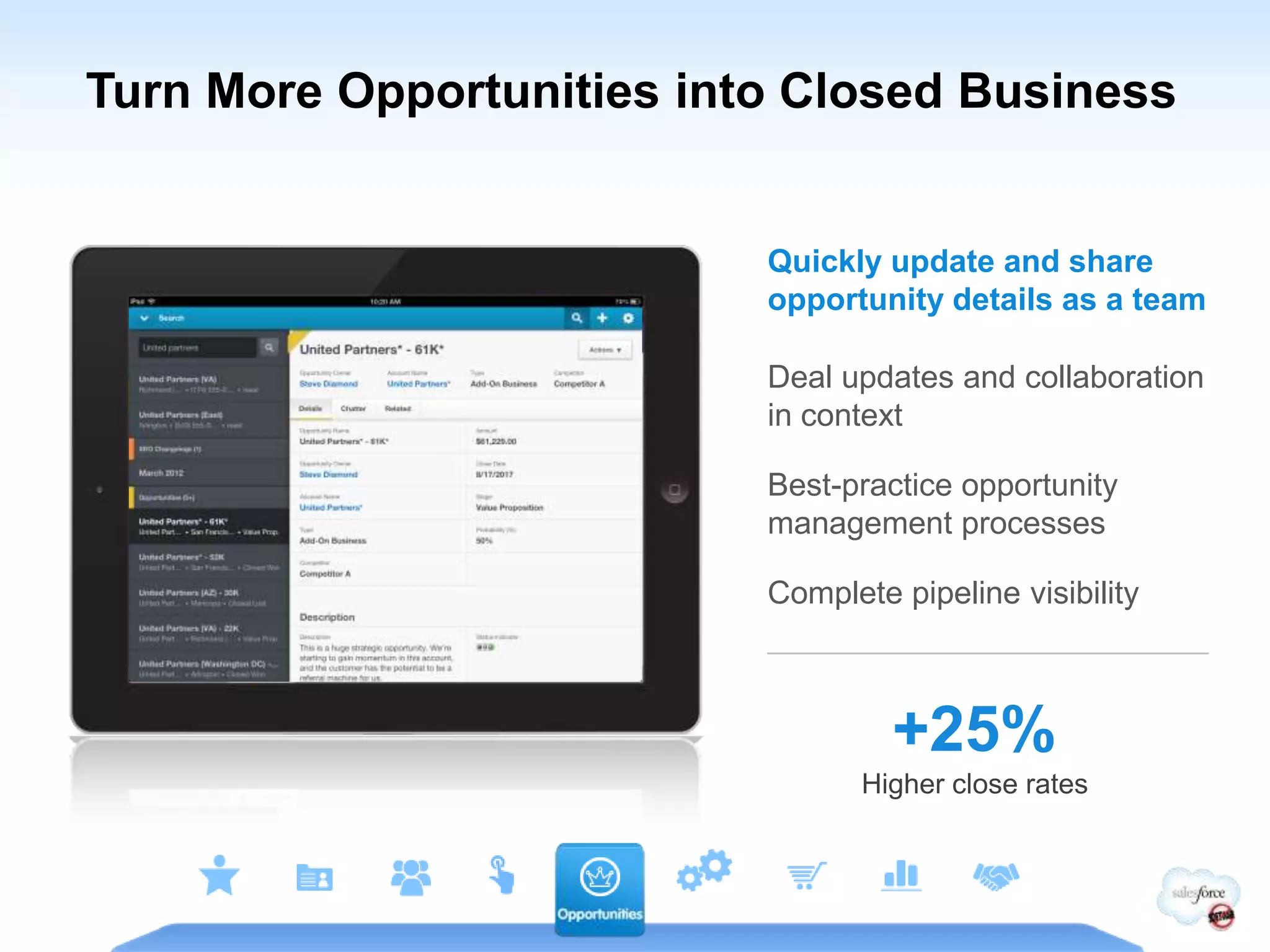 Turn More Opportunities into Closed Business


                           Quickly update and share
                           opportunity details as a team

                           Deal updates and collaboration
                           in context

                           Best-practice opportunity
                           management processes

                           Complete pipeline visibility



                                    +25%
                                  Higher close rates
 