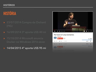 HISTÓRICO
HISTÓRIA
▸ 23/07/2014 Compra da Orchard
(FIG)
▸ 16/09/2014 3º aporte US$ 40 mi
▸ 15/10/2014 Microsoft anuncia
Docker no Windows 2016 sever
▸ 14/04/2015 4º aporte US$ 95 mi
 