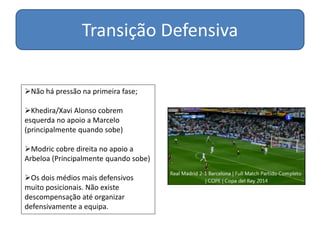 Transição Defensiva
Não há pressão na primeira fase;
Khedira/Xavi Alonso cobrem
esquerda no apoio a Marcelo
(principalmente quando sobe)
Modric cobre direita no apoio a
Arbeloa (Principalmente quando sobe)
Os dois médios mais defensivos
muito posicionais. Não existe
descompensação até organizar
defensivamente a equipa.
 