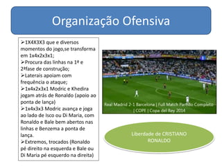Organização Ofensiva
1X4X3X3 que e diversos
momentos do jogo,se transforma
em 1x4x2x3x1;
Procura das linhas na 1ª e
2ªfase de construção;
Laterais apoiam com
frequência o ataque;
1x4x2x3x1 Modric e Khedira
jogam atrás de Ronaldo (apoio ao
ponta de lança)
1x4x3x3 Modric avança e joga
ao lado de Isco ou Di Maria, com
Ronaldo e Bale bem abertos nas
linhas e Benzema a ponta de
lança.
Extremos, trocados (Ronaldo
pé direito na esquerda e Bale ou
Di Maria pé esquerdo na direita)
Liberdade de CRISTIANO
RONALDO
 