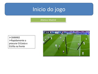 Inicio do jogo
1X4X4X2
Rapidamente a
procurar D.Costa e
D.Villa na frente
Atletico Madrid
 