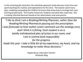 In this second grade classroom, the workshop approach works because much time was
spent teaching the routines and expectat...