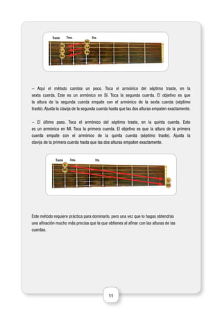 11
- Aquí el método cambia un poco. Toca el armónico del séptimo traste, en la
sexta cuerda. Este es un armónico en SI. Toca la segunda cuerda. El objetivo es que
la altura de la segunda cuerda empate con el armónico de la sexta cuerda (séptimo
traste). Ajusta la clavija de la segunda cuerda hasta que las dos alturas empaten exactamente.
- El último paso. Toca el armónico del séptimo traste, en la quinta cuerda. Este
es un armónico en MI. Toca la primera cuerda. El objetivo es que la altura de la primera
cuerda empate con el armónico de la quinta cuerda (séptimo traste). Ajusta la
clavija de la primera cuerda hasta que las dos alturas empaten exactamente.
Este método requiere práctica para dominarlo, pero una vez que lo hagas obtendrás
una afinación mucho más precisa que la que obtienes al afinar con las alturas de las
cuerdas.
Traste 5to.7mo.
Mi
Si
Mi
Si
Traste 5to.7mo.
La
La
Mi
Mi
Re
Re
 