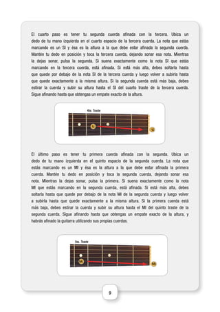 9
El cuarto paso es tener tu segunda cuerda afinada con la tercera. Ubica un
dedo de tu mano izquierda en el cuarto espacio de la tercera cuerda. La nota que estás
marcando es un SI y ésa es la altura a la que debe estar afinada la segunda cuerda.
Mantén tu dedo en posición y toca la tercera cuerda, dejando sonar esa nota. Mientras
la dejas sonar, pulsa la segunda. Si suena exactamente como la nota SI que estás
marcando en la tercera cuerda, está afinada. Si está más alta, debes soltarla hasta
que quede por debajo de la nota SI de la tercera cuerda y luego volver a subirla hasta
que quede exactamente a la misma altura. Si la segunda cuerda está más baja, debes
estirar la cuerda y subir su altura hasta el SI del cuarto traste de la tercera cuerda.
Sigue afinando hasta que obtengas un empate exacto de la altura.
El último paso es tener tu primera cuerda afinada con la segunda. Ubica un
dedo de tu mano izquierda en el quinto espacio de la segunda cuerda. La nota que
estás marcando es un MI y ésa es la altura a la que debe estar afinada la primera
cuerda. Mantén tu dedo en posición y toca la segunda cuerda, dejando sonar esa
nota. Mientras la dejas sonar, pulsa la primera. Si suena exactamente como la nota
MI que estás marcando en la segunda cuerda, está afinada. Si está más alta, debes
soltarla hasta que quede por debajo de la nota MI de la segunda cuerda y luego volver
a subirla hasta que quede exactamente a la misma altura. Si la primera cuerda está
más baja, debes estirar la cuerda y subir su altura hasta el MI del quinto traste de la
segunda cuerda. Sigue afinando hasta que obtengas un empate exacto de la altura, y
habrás afinado la guitarra utilizando sus propias cuerdas.
Traste5to.
Mi
Mi
Traste4to.
Si
Si
 