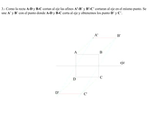 3.- Como la recta A-D y B-C cortan al eje las afines A’-B’ y B’-C’ cortaran al eje en el mismo punto. Se
une A’ y B’ con el punto donde A-D y B-C corta al eje y obtenemos los punto D’ y C’.
eje
A B
CD
A' B'
D' C'
 