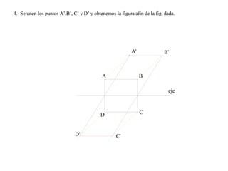 4.- Se unen los puntos A’,B’, C’ y D’ y obtenemos la figura afín de la fig. dada.
eje
A B
CD
A' B'
D' C'
 
