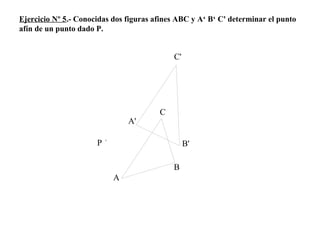 Ejercicio Nº 5.- Conocidas dos figuras afines ABC y A‘ B‘ C' determinar el punto
afín de un punto dado P.
C'
A
A'
P B'
B
C
 