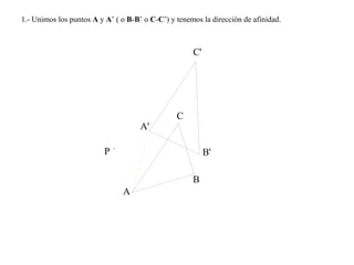 1.- Unimos los puntos A y A’ ( o B-B’ o C-C’) y tenemos la dirección de afinidad.
C'
A
A'
P B'
B
C
 