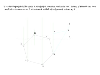 2º.- Sobre la perpendicular desde B por ejemplo tomamos 3 unidades (cm.) punto s y trazamos una recta
r cualquiera concurrente en B y tomamos 4 unidades (cm.) punto t, unimos s y t.
e
B
C-C'
D
E
F
s
t
r
 