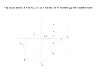 5º Se lleva la distancia B-4 desde 3 y nos da el punto B' afín del punto B y que esta en la razón de 3/4.
e
B
C-C'
D
E
F
s
t
3
3'
4
B'
r
 
