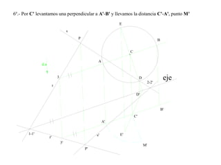 6º.- Por C' levantamos una perpendicular a A'-B' y llevamos la distancia C'-A', punto M’
r'
s'
C
s
r
eje
P
P'
d.a
C'
A
B
A'
B'
E
D
D'
E'
M'
1-1'
2-2'
3
3'
 