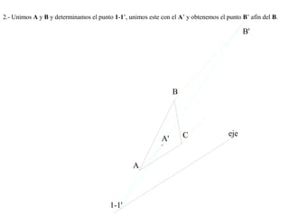 2.- Unimos A y B y determinamos el punto 1-1’, unimos este con el A’ y obtenemos el punto B’ afín del B.
ejeC
A
B
A'
B'
1-1'
 