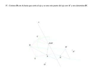 8º.- Unimos D con A hasta que corte al eje y se une este punto del eje con A’ y nos determina D’.
A
O
B-B'
e
A'
A''
C
D
E
D'
 