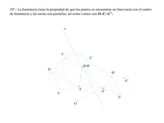 10º.- La homotecia tiene la propiedad de que los puntos se encuentran en línea recta con el centro
de homotecia y las rectas son paralelas, tal como vemos con O-A’-A’’.
A
O
B-B'
e
A'
A''
C
D
E
E'
C'
D'
 