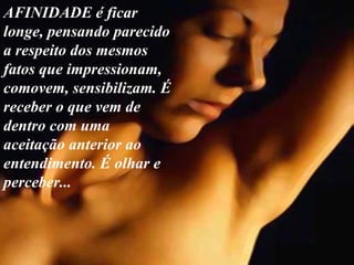 AFINIDADE é ficar longe, pensando parecido a respeito dos mesmos fatos que impressionam, comovem, sensibilizam. É receber o que vem de dentro com uma aceitação anterior ao entendimento. É olhar e perceber... 