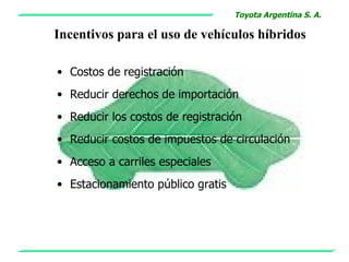 Toyota Argentina S. A.

Incentivos para el uso de vehículos híbridos

• Costos de registración
• Reducir derechos de importación
• Reducir los costos de registración
• Reducir costos de impuestos de circulación
• Acceso a carriles especiales
• Estacionamiento público gratis
 