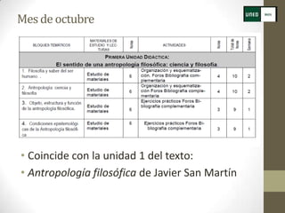 Mes de octubre




• Coincide con la unidad 1 del texto:
• Antropología filosófica de Javier San Martín
 