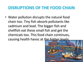 DISRUPTIONS OF THE FOOD CHAIN
• Water pollution disrupts the natural food
chain too. Tiny fish absorb pollutants like
cadmium and lead. The bigger fish and
shellfish eat these small fish and get the
chemicals too. This food chain continues,
causing health havoc at the higher levels.
 