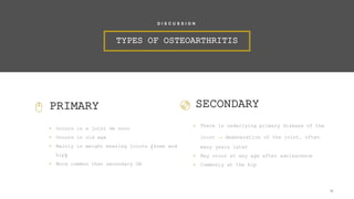 PRIMARY
• Occurs in a joint de novo
• Occurs in old age
• Mainly in weight bearing joints (knee and
hip)
• More common than secondary OA
26
TYPES OF OSTEOARTHRITIS
D I S C U S S I O N
SECONDARY
• There is underlying primary disease of the
joint → degeneration of the joint, often
many years later
• May occur at any age after adolescence
• Commonly at the hip
 