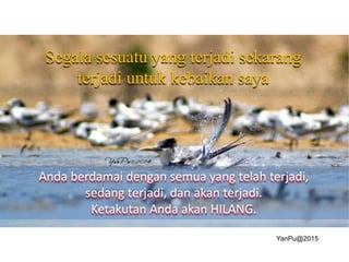 Segala sesuatu yang terjadi sekarang
terjadi untuk kebaikan saya
Anda berdamai dengan semua yang telah terjadi,
sedang terjadi, dan akan terjadi.
Ketakutan Anda akan HILANG.
YanPu@2015
 