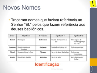 Nome Significado Novo nome Significado 1 Significado 2 
Daniel Deus é juíz Beltessazar Guarda dos Tesouros de 
Bel 
Moisés Sampaio 56 
Novos Nomes 
• Trocaram nomes que faziam referência ao 
Senhor “EL” pelos que fazem referência aos 
deuses babilônicos. 
Identificação 
Belet (esposa de 
marduk) proteja 
tua vida 
Hananias Deus é grandioso e 
bondoso 
Sadraque Inspirado pelo deus sol. Tenho temor a deus 
Misael Ninguém é igual a Deus Mesaque Servo da deusa Sheba/Lua Tenho pouca 
importância. 
Azarias Deus é meu ajudador Abednego Servo de nebo Servo daquele que 
brilha. 
 