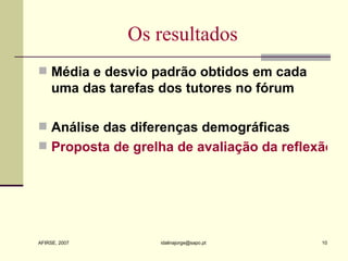 Os resultados Média e desvio padrão obtidos em cada uma das tarefas dos tutores no fórum Análise das diferenças demográficas Proposta de grelha de avaliação da reflexão crítica no fórum   