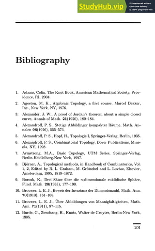 Bibliography
1. Adams, Colin, The Knot Book, American Mathematical Society, Prov-
idence, RI, 2004.
2. Agoston, M. K., Algebraic Topology, a first course, Marcel Dekker,
Inc., New York, NY, 1976.
3. Alexander, J. W., A proof of Jordan's theorem about a simple closed
curve, Annals of Math. 21(1920), 180-184.
4. Alexandroff, P. S., Stetige Abbildinger kompakter Raume, Math. An-
nalen 96(1926), 555-573.
5. Alexandroff, P. S., Hopf, H., Topologie I, Springer-Verlag, Berlin, 1935.
6. Alexandroff, P. S., Combinatorial Topology, Dover Publications, Mine-
ola, NY, 1998.
7. Armstrong, M.A., Basic Topology, UTM Series, Springer-Verlag,
Berlin-Heidlelberg-New York, 1997.
8. Bjorner, A., Topological methods, in Handbook of Combinatorics, Vol.
1, 2, Edited by R. L. Graham, M. Grotschel and L. Lovasz, Elsevier,
Amsterdam, 1995, 1819-1872.
9. Borsuk, K., Drei Satze iiber die n-dimensionale euklidische Sphare,
Fund. Math. 20(1933), 177-190.
10. Brouwer, L. E. J., Beweis der Invarianz der Dimensionzahl, Math. Ann.
70(1910), 161-165.
11. Brouwer, L. E. J., Uber Abbildungen von Mannigfaltigkeiten, Math.
Ann. 71(1911), 97-115.
12. Burde, G., Zieschang, H., Knots, Walter de Gruyter, Berlin-New York,
1985.
201
 