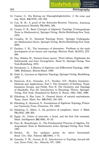 202 Bibliography
13. Cantor, G., Ein Beitrag zur Mannigfaltigkeitslehre, J. fur reine und
ang. Math. 84(1878), 242-258.
14. Cox, R. H., A proof of the Schroeder-Berstein Theorem, American
Mathematical Monthly 75(1968), 508.
15. Croom, F. H., Basic Concepts of Algebraic Topology (Undergraduate
Texts in Mathematics), Springer-Verlag, Berlin-Heidelberg-New York,
1978.
16. Crossley, M. D., Essential Topology Series: Springer Undergradu-
ate Mathematics Series, Springer-Verlag, Berlin-Heidelberg-New York,
2005.
17. Dauben, J. W., The invariance of dimension: Problems in the early
development of set theory and topology, Historia Math. 2(1975), 273-
288.
18. Day, Mahlon M., Normed linear spaces, Third edition, Ergebnisse der
Mathematik und ihrer Grenzgebiete, Band 21, Springer-Verlag, New
York-Heidelberg, 1973.
19. Dieudonne, J., A History of Algebraic and Differential Topology, 1900-
1960, Birkauser, Boston-Basel, 1989.
20. Dold, A., Lectures on Algebraic Topology, Springer-Verlag, Heidelberg,
1972.
21. Dubrovin, B.A., Fomenko, A.T., Novikov, S.P., Modern Geometry-
Methods and Applications, Part I. The Geometry of Surfaces, Trans-
formation Groups, and Fields; Part II. The Geometry and Topology
of Manifolds; Part III. Introduction to Homology Theory; Springer-
Verlag, New York, Translated by Robert G. Burns, 1984, 1985, 1990.
22. Eilenberg, S, Mac Lane, S., General theory of natural equivalences,
Trans. Amer. Math. Soc. 58(1945), 231-294.
23. Eilenberg, S., Steenrod, N., Foundations of Algebraic Topology, Prince-
ton University Press, Princeton, NJ, 1952.
24. Eilenberg, S., Zilber, J., On products of complexes, Amer. J. Math.
75(1953), 200-204.
25. Epple, M., Orbits of asteroids, a braid, and the first link invariant,
Math. Intelligencer 20(1998), 45-52.
26. Fine, B., Rosenberger, G., The Fundamental Theorem of Algebra, Un-
dergraduate Texts in Mathematics series, Springer-Verlag, New York,
1997.
27. Frechet, M., Sur quelques points du calcul functionnel,
Rend. Circ. Mat. Palermo 22(1906), 1-74.
28. Gamelin, T. W., Greene, R. E., Introduction to Topology, Second edi-
tion, Dover PubL, Inc., Mineola, NY, 1999.
 