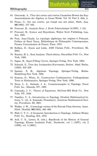 Bibliography 205
64. Ostrowski, A., Uber den ersten und vierten Gausschen Beweis des Fun-
damentalsatzes der Algebra, in Gauss Werke, Vol. 10, Part 2, Abh. 3.
65. Peano, G., Sur une courbe, qui rempli une aire plane, Math. Ann.
36(1890), 157-160.
66. Poincare, H., Analysis Situs, J. Ecole Polytechnique 1(1895), 1-121.
67. Poincare, H., Science and Hypothesis, Walter Scott Publishing, Lon-
don, 1905.
68. Pont, Jean-Claude, La topologie algebrique des origines a Poincare,
Preface de Rene Taton, Bibliotheque de Philosophic Contemporaine,
Presses Universitaires de France, Paris, 1974.
69. Rolfsen, D., Knots and Links, AMS Chelsea Publ., Providence, RI,
2003.
70. Royden, H. L., Real Analysis, Third edition, Macmillan Publ. Co., New
York, 1988.
71. Sagan, H., Space-Filling Curves, Springer-Verlag, New York, 1994.
72. Schmidt, E., Uber den Jordanschen Kurvensatz, Sitzber. Akad. Berlin,
(1923), 318-329.
73. Spanier, E. H., Algebraic Topology, Springer-Verlag, Berlin-
Heidelberg-New York, 1994.
74. Stanton, D., White, D., Constructive Combinatorics, Undergraduate
Texts in Mathematics, Springer-Verlag, New York, 1986.
75. Steen, L. A., Seebach, J. A., Counterexamples in Topology, Dover
Publ. Inc., Mineola, NY, 1995.
76. Uspensky, J. V., Theory of Equations, McGraw-Hill Book Co., New
York, NY, 1948.
77. Vassiliev, V. A., Introduction to Topology (Student Mathematical Li-
brary, V. 14), A. Sossinski (Translator), American Mathematical Soci-
ety, Providence, RI, 2001.
78. Walker, J. W., A homology version of the Borsuk-Ulam theorem, Amer.
Math. Monthly 90(1983), 466-468.
79. Wall, C. T. C, A Geometric Introduction to Topology, Addison-Wesley
Publ. Co., Reading, MA, 1972.
80. Aull, C. E., Lowen, R. (eds.), Handbook of the History of General
Topology, Kluwer Academic Publ., Dordrecht, vol. 1 (1997), vol. 2
(1998), vol. 3 (2001).
 