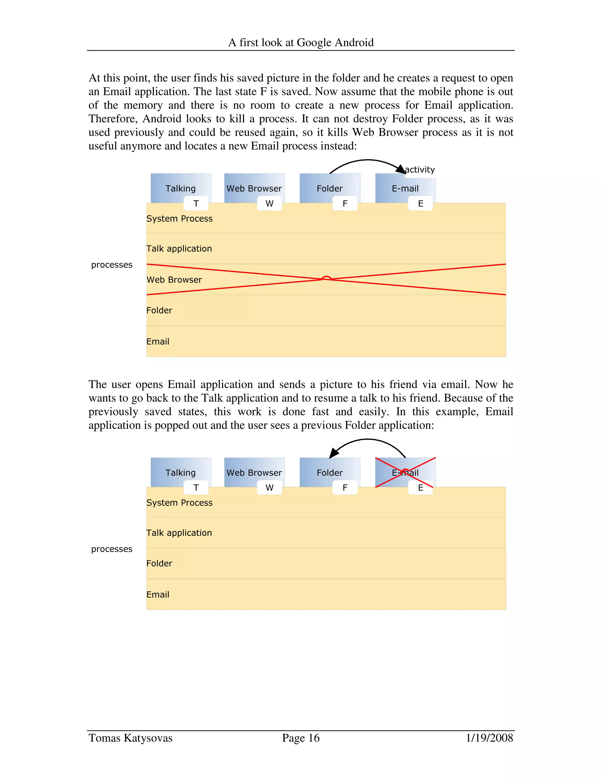 A first look at Google Android
Tomas Katysovas Page 16 1/19/2008
At this point, the user finds his saved picture in the folder and he creates a request to open
an Email application. The last state F is saved. Now assume that the mobile phone is out
of the memory and there is no room to create a new process for Email application.
Therefore, Android looks to kill a process. It can not destroy Folder process, as it was
used previously and could be reused again, so it kills Web Browser process as it is not
useful anymore and locates a new Email process instead:
The user opens Email application and sends a picture to his friend via email. Now he
wants to go back to the Talk application and to resume a talk to his friend. Because of the
previously saved states, this work is done fast and easily. In this example, Email
application is popped out and the user sees a previous Folder application:
 
