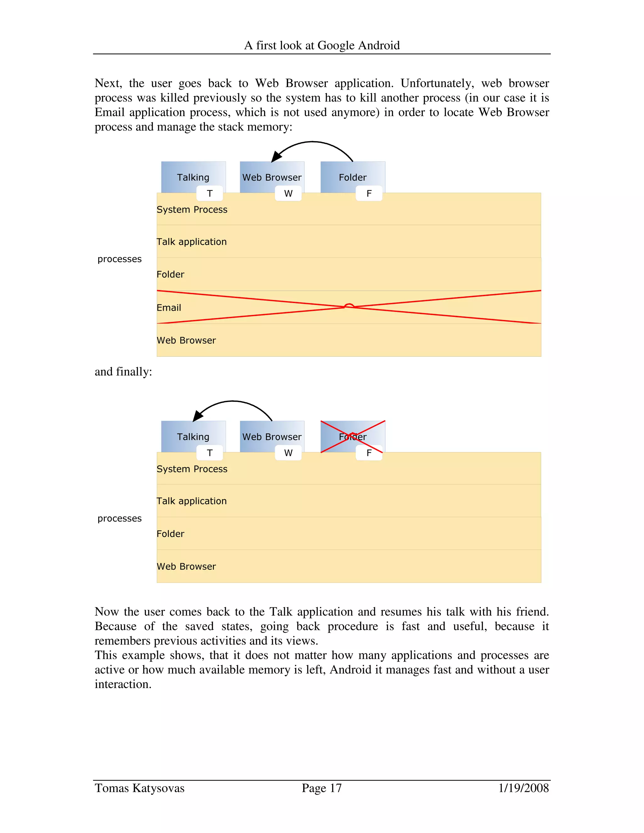 A first look at Google Android
Tomas Katysovas Page 17 1/19/2008
Next, the user goes back to Web Browser application. Unfortunately, web browser
process was killed previously so the system has to kill another process (in our case it is
Email application process, which is not used anymore) in order to locate Web Browser
process and manage the stack memory:
and finally:
Now the user comes back to the Talk application and resumes his talk with his friend.
Because of the saved states, going back procedure is fast and useful, because it
remembers previous activities and its views.
This example shows, that it does not matter how many applications and processes are
active or how much available memory is left, Android it manages fast and without a user
interaction.
 