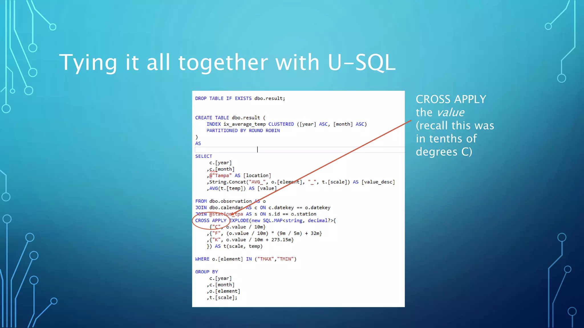 Tying it all together with U-SQL
CROSS APPLY
the value
(recall this was
in tenths of
degrees C)
 