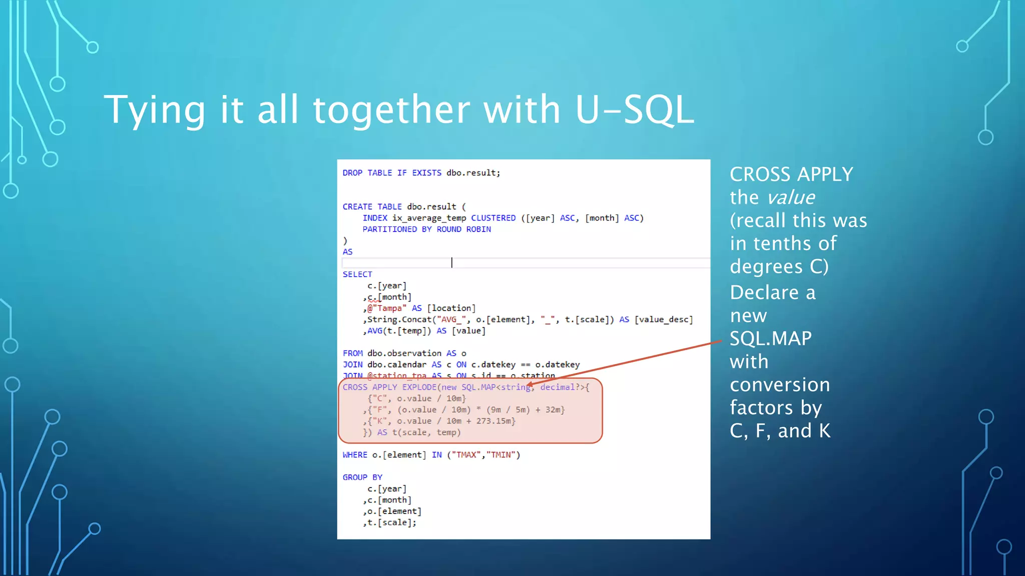 Tying it all together with U-SQL
CROSS APPLY
the value
(recall this was
in tenths of
degrees C)
Declare a
new
SQL.MAP
with
conversion
factors by
C, F, and K
 