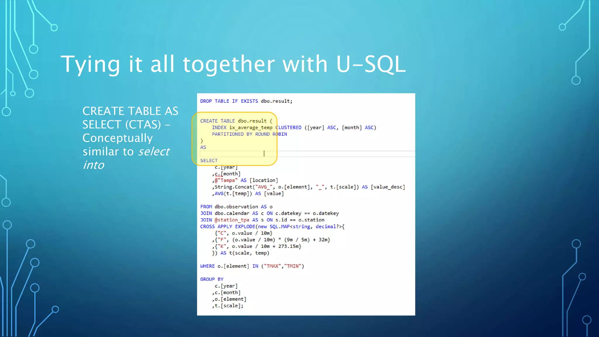 Tying it all together with U-SQL
CREATE TABLE AS
SELECT (CTAS) –
Conceptually
similar to select
into
 