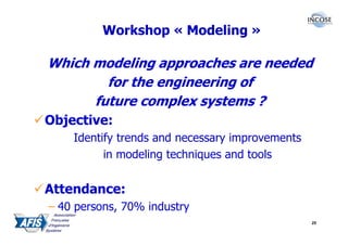Workshop « Modeling »

Which modeling approaches are needed
        for the engineering of
      future complex systems ?
Objective:
    Identify trends and necessary improvements
          in modeling techniques and tools


Attendance:
– 40 persons, 70% industry
                                                 25
 