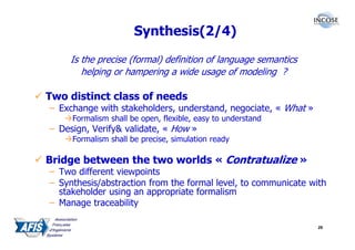 Synthesis(2/4)

    Is the precise (formal) definition of language semantics
       helping or hampering a wide usage of modeling ?

Two distinct class of needs
– Exchange with stakeholders, understand, negociate, « What »
     Formalism shall be open, flexible, easy to understand
– Design, Verify& validate, « How »
     Formalism shall be precise, simulation ready

Bridge between the two worlds « Contratualize »
– Two different viewpoints
– Synthesis/abstraction from the formal level, to communicate with
  stakeholder using an appropriate formalism
– Manage traceability

                                                                29
 