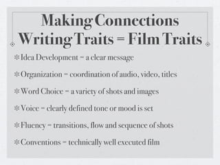 Making Connections
Writing Traits = Film Traits
Idea Development = a clear message

Organization = coordination of audio, video, titles

Word Choice = a variety of shots and images

Voice = clearly defined tone or mood is set

Fluency = transitions, flow and sequence of shots

Conventions = technically well executed film
 