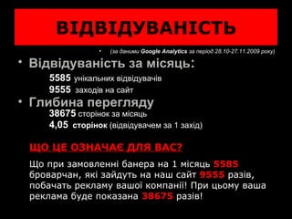 ВІДВІДУВАНІСТЬ (за даними  Google Analytics   за період  1 - 30 .11.2009 року) Відвідуваність за місяць :   5 587   унікальних відвідувачів  9 557   заходів на сайт Глибина перегляду     3 8686   сторінок за місяць 4 , 05   сторінок  (відвідувачем за 1 захід) ЩО ЦЕ ОЗНАЧАЄ ДЛЯ ВАС? Що при замовленні банера на 1 місяць  5 5 8 7  броварчан, які зайдуть на наш сайт  9 557  разів, побачать рекламу вашої компанії! При цьому ваша реклама буде показана  3 8686  разів! 