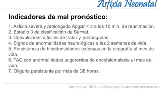 Normativa 108 Guía clínica para la atención del neonato
Asfixia Neonatal
1. Asfixia severa y prolongada Apgar < 3 a los 10 min. de reanimación.
2. Estadio 3 de clasificación de Sarnat.
3. Convulsiones difíciles de tratar y prolongadas.
4. Signos de anormalidades neurológicas a las 2 semanas de vida.
5. Persistencia de hipodensidades extensas en la ecografía al mes de
vida.
6. TAC con anormalidades sugerentes de encefalomalacia al mes de
vida.
7. Oliguria persistente por más de 36 horas.
Indicadores de mal pronóstico:
 