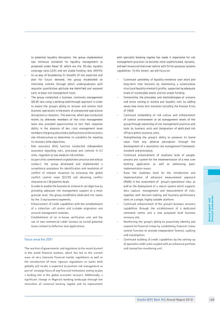 Stanbic IBTC Bank PLC Annual Report 2010 120
Annualreportand
financialstatements
	 to potential liquidity disruption, the group implemented
	 two minimum standards for liquidity management as
	 proposed under Basel III, which are the 30-day liquidity
	 coverage ratio (LCR) and net stable funding ratio (NSFR);
•	 As as way of broadening its breadth of risk expertise and
	 plan for future demand, the group established an
	 internship scheme through which undergraduates with
	 requisite quantitative aptitude are identified and exposed
	 early to basic risk management tools;
•	 The group conducted a business continuity management
	 (BCM) test using a desktop walkthrough approach in order
	 to assess the group’s ability to recover and restore total
	 business operations in the event of unexpected operational
	 disruptions or disasters. The exercise, which was conducted
	 mainly by alternate members of the crisis management
	 team also provided opportunities to test their response
	 ability in the absence of key crisis management team
	 members;thegroupalsoconductedfourtestsontherecovery
	 site infrastructure to determine its suitability for meeting
	 its recovery time objectives;	
•	 Risk assurance (RA) function conducted independent
	 assurance regarding risks, processes and controls in 63
	 units, regarded as low-medium risk entities;		
•	 As part of its commitment to global best practice and ethical
	 conduct, the group developed and implemented a
	 surveillance procedure for identification and resolution of
	 conflict of interest situations by accessing the global
	 conflict control room (GCCR) and obtaining conflict
	 clearance on CIB pipeline deals;	
•	 In order to enable the business to achieve its set objective by
	 providing adequate risk management support at a more
	 granular level, the group established dedicated risk teams
	 for the 3 key business segments;
•	 Enhancement of credit capabilities with the establishment
	 of a collection call centre and scalable origination and
	 account management modules;	
• 	 Establishment of an in-house verification unit and the
	 use of two commercial credit bureaus to curtail potential
	 losses related to defective loan applications.
Focus areas for 2011	
			
The reaction of governments and regulators to the recent turmoil
in the world financial markets, which has led to the current
wave of very intensive financial market regulations as well as
the introduction of more rigorous regulations on banks both
globally and locally is expected to position risk management as
part of strategic focus of any financial institutions aiming to play
a leading role in the global economic recovery. Additionally, a
significant change in Nigeria’s banking landscape through the
revocation of universal banking regime and its replacement
with specialist banking regime has made it imperative for risk
management practices to become more sophisticated, dynamic,
and well resourced than ever before with fit-for-purpose systems
capabilities. To this extent, we will focus on:
• 	 Continued upholding of liquidity resilience over short and
	 long-term time horizons by maintaining a conservative
	 structural liquidity mismatch profile, supported by adequate
	 levels of marketable assets and net stable funding;	
• 	 Entrenching the principles and methodologies of scenario
	 and stress testing in market and liquidity risks by adding
	 seven new stress test scenarios including the Russian Crisis
	 of 1988;
• 	 Continued embedding of risk culture and enhancement
	 of control environment at all management levels of the
	 group through ownership of risk management practices and
	 tools by business units and designation of dedicated risk
	 officers within business units;
• 	 Strengthening the group’s ability to preserve its brand
	 value from any adverse perception through the
	 development of a reputation risk management framework,
	 standard and procedure;	
• 	 Continued enhancement of readiness level of people,
	 process and system for the implementation of a new core
	 banking application as well as addressing post-
	 implementation issues;	
• 	 Raise the readiness level for the introduction and
	 implementation of advanced measurement approach
	 (AMA) in the assessment of group’s operational risks; as
	 well as the deployment of a robust system which supports
	 data capture, management and measurement of risks,
	 together with decision-making and business performance
	 tools on a single, highly scalable platform.
• 	 Continued enhancement of the group’s business recovery
	 capabilities through the establishment of a dedicated
	 command centre and a new purposed built business
	 recovery site;
• 	 Reinforcing the group’s ability to proactively identify and
	 respond to financial crimes by establishing financial crimes
	 control function to provide independent forensic auditing
	 and investigation;
• 	 Continued building of credit capabilities by the setting-up
	 of specialist credit units coupled with an enhanced portfolio
	 and transaction monitoring unit.
 