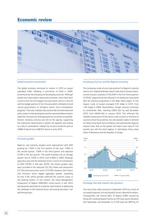 19
Economic review
Global economic environment
The global economy continued to recover in 2010 as output
expanded 4.8%, following a contraction of 0.6% in 2009,
primarily driven by emerging and developing countries. Although
growth also rebounded in advanced economies, there have been
concerns over the still sluggish macroeconomic metrics in the US
and the budget position of the Eurozone which ultimately forced
several governments to introduce drastic fiscal consolidation
programs. That said, a double-dip scenario did not materialise and
policy makers in key developed countries remained determined to
make the necessary de-leveraging process as smooth as possible.
Overall, monetary stimulus was still on the agenda, supporting
the substantial improvement in global risk appetite and leading
to a rally in commodities. Indeed, the oil price closed the year at
US$96.4/barrel from US$79.2/barrel in early 2010.
Economic growth
Nigeria’s real economy showed some improvement with GDP
growing by 7.36% in the first quarter of the year, 7.69% in
the second quarter, 7.86% in the third quarter and expected
8.29% in the last quarter. This would translate into an average
growth rate of 7.85% in 2010, from 6.96% in 2009. Although
agriculture was still the dominant sector in terms of contribution
to GDP (39.0% in half year 2010), the fastest growth rates
were recorded in the telecoms (33.7%), hotels and restaurants
(12.1%) and construction sectors (12.0%). However, the Finance
and insurance sector lagged aggregate growth, expanding
by only 4.3%, which partially reflected the systemic issues in
the banking system. In this context, the Asset Management
Corporation of Nigeria (AMCON)’s initial launch in late 2010
was generally perceived as a positive step forward in addressing
the meltdown in the financial sector and erasing the banks’ non
performing loans.
Increasing oil prices and the Nigerian economy
The increasing crude oil price was positive for Nigeria’s external
metrics as it implied relatively robust trade and to a lesser extent,
current account surpluses (5.2%/GDP in the first three quarters
of 2010), supported by the rebound in oil production associated
with the amnesty programme in the Niger Delta region. In this
regard, crude oil output averaged 2.05 mbpd in 2010, from
1.84 mbpd in 2009. Nevertheless, foreign reserves continued
to consistently slide, reaching US$32.3bn by end December
2010, from USD42.4bn in January 2010. This reflected the
sizeable monetization of the excess crude account on the back of
countercyclical fiscal policies, but also episodic spikes in demand
for dollars amid weak naira confidence and substantially negative
interest rates. Still, on the upside, the import cover ratio of 13.8
months was still the third highest in Sub-Sahara Africa after
those of Botswana and the Republic of Congo.
Exchange rate and interest rate dynamics
The naira came under pressure in September 2010 as a result of
increased corporate, but also liquidity-driven, demand for dollars.
Consequently, the Central Bank of Nigeria (CBN) reacted by
hiking the standing deposit facility by 325 basis points between
late September and November to 4.25% (and the MPR by 25
0.0
2.5
5.0
10.0
7.5
20
35
50
80
USDbn USDbn
65
Dec’07 Dec’08 Dec’09 Dec’10
Oil earnings per month (LHS) FX researves (RHS)
 