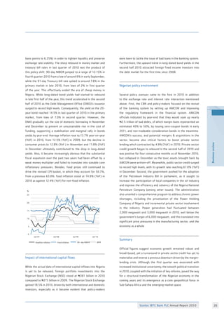 Stanbic IBTC Bank PLC Annual Report 2010 20
Businessreview
basis points to 6.25%) in order to tighten liquidity and preserve
exchange rate stability. The sharp rebound in money market and
treasury bill rates in last quarter of 2010 was the product of
this policy shift: 90-day NIBOR jumped to a range of 12-15% in
fourth quarter 2010 from a low of around 6% in early September,
while the 91-day Treasury-bill rate spiked to around 7.6% in the
primary market in late 2010, from lows of 2% in first quarter
of the year. This effectively ended the era of cheap money in
Nigeria. While long-dated bond yields had started to rebound
in late first half of the year, this trend accelerated in the second
half of 2010 as the Debt Management Office (DMO)’s issuance
surged to record high levels. Consequently, the yield on the 20-
year bond reached 14.5% in last quarter of 2010 in the primary
market, from lows of 7.0% in second quarter. However, the
DMO gradually cut the size of domestic borrowing in November
and December to prevent an unsustainable rise in the cost of
funding, supporting a stabilisation and marginal rally in bonds
yields by year-end. Average inflation rose to 13.7% year-on-year
(YoY) in 2010, from 12.5% (YoY) in 2009, but the decline in
consumer prices to 12.8% (YoY ) in November and 11.8% (YoY)
in December ultimately contributed to the drop in long-dated
yields. Also, it became increasingly obvious that the substantial
fiscal expansion over the past two years had been offset by a
weak money multiplier and failed to translate into sizeable core
inflationary pressures. Besides, food prices still continued to
drive the revised CPI basket, in which they account for 50.7%,
from a previous 63.8%: food inflation stood at 14.8% (YoY) in
2010 as against 12.4% (YoY) for non-food inflation.
were keen to tackle the issue of bad loans in the banking system.
Furthermore, the upward trend in long-dated bond yields in the
second half 2010 attracted foreign fixed income investors into
the debt market for the first time since 2008.
Nigerian policy environment
Several policy avenues came to the fore in 2010 in addition
to the exchange rate and interest rate interaction mentioned
above. First, the CBN and policy-makers focused on the revival
of the banking system by setting up AMCON and improving
the regulatory framework in the financial system. AMCON
officials indicated by year-end that they would soak up nearly
N2.5 trillion of bad debts, of which margin loans represented an
estimated 40% to 50%, by issuing zero-coupon bonds in early
2011, and non-tradeable consideration bonds in the meantime.
AMCON’s success, and potential mergers  acquisitions in the
sector, become also critical factors to boost private sector
lending which contracted by 4.9% (YoY) in 2010. Private sector
credit growth began to rebound in the second half of 2010 and
was positive for four consecutive months as of November 2010,
but collapsed in December as the toxic assets brought back by
AMCON were written-off. Meanwhile, public sector credit surged
to record high levels, with its growth rate reaching 67.8% (YoY)
in December. Second, the government pushed for the adoption
of the Petroleum Industry Bill in parliament, as it sought to
increase the participation of local companies in the oil industry
and improve the efficiency and solvency of the Nigeria National
Petroleum Company (among other issues). The administration
also unveiled a comprehensive program to address chronic power
shortages, including the privatisation of the Power Holding
Company of Nigeria and incremental private sector involvement
in the industry. Power generation had fluctuated between
2,000 megawatt and 3,000 megawatt in 2010, well below the
government’s target of 6,000 megawatt, and this translated into
significant price pressures in the manufacturing sector, and the
economy as a whole.
Summary
Official figures suggest economic growth remained robust and
broad-based; yet a turnaround in private sector credit has yet to
materialise and reverse a previous downturn driven by the margin-
lending crisis. Although the first quarter was associated with
increased institutional uncertainty, the smooth political transition
in 2010, coupled with the initiation of key reforms, paved the way
for a structural transformation of the Nigerian economy in the
coming years and its emergence as a core geopolitical force in
Sub-Sahara Africa and the emerging-market space.
Impact of international capital flows
While the actual data of international capital inflows into Nigeria
is yet to be released, foreign portfolio investments into the
Nigerian Stock Exchange (NSE) stood at N381 billion in 2010
compared to N215 billion in 2009. The Nigerian Stock Exchange
gained 18.5% in 2010, driven by both international and domestic
investors, especially as it became evident that policy-makers
0
5
10
25
20
15
Jan’07 Jan’08 Jan’09 Jan’10
Headline inflation Food inflation 90- day NIBOR MPR
%
 