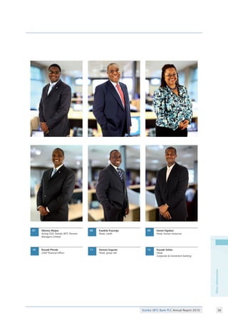 Stanbic IBTC Bank PLC Annual Report 2010 30
Otherinformation
10 11 12Ronald Pfende
Chief financial officer
Demola Sogunle
Head, group risk
Kayode Solola
Head,
Corporate  investment banking
10 11 12
Obinnia Abajue
Acting CEO, Stanbic IBTC Pension
Managers Limited
07 Kandolo Kasongo
Head, credit
08 Isioma Ogodazi
Head, human resources
09
07 08 09
 