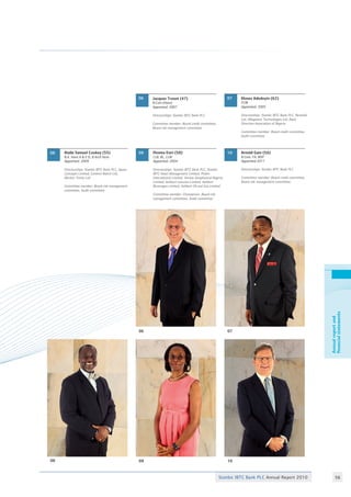 Stanbic IBTC Bank PLC Annual Report 2010 56
06
09
07
1008
Moses Adedoyin (62)
FCIB
Appointed: 2005
Directorships: Stanbic IBTC Bank PLC, Remofal
Ltd, Allegiance Technologies Ltd, Bank
Directors Association of Nigeria
Committee member: Board credit committee,
Audit committee
Jacques Troost (47)
B.Com (Hons)
Appointed: 2007
Directorships: Stanbic IBTC Bank PLC
Committee member: Board credit committee,
Board risk management committee
Alaibi Samuel Cookey (55)
B.A. Hons A  E D, B.Arch Hons
Appointed: 2009
Directorships: Stanbic IBTC Bank PLC, Space
Concepts Limited, Context Matrix Ltd,
Mentor Trinity Ltd
Committee member: Board risk management
committee, Audit committee
Ifeoma Esiri (58)
LLB, BL, LLM
Appointed: 2004
Directorships: Stanbic IBTC Bank PLC, Stanbic
IBTC Asset Management Limited, Podini
International Limited, Veritas Geophysical Nigeria
Limited, Ashburt Leisures Limited, Ashburt
Beverages Limited, Ashburt Oil and Gas Limited
Committee member: Chairperson. Board risk
management committee, Audit committee
06
09
07
1008
Arnold Gain (56)
B.Com, FA, BDP
Appointed 2011
Directorships: Stanbic IBTC Bank PLC
Committee member: Board credit committee,
Board risk management committee.
Annualreportand
financialstatements
 