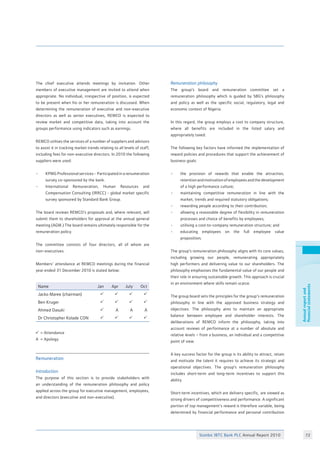 Stanbic IBTC Bank PLC Annual Report 2010 72
Annualreportand
financialstatements
The chief executive attends meetings by invitation. Other
members of executive management are invited to attend when
appropriate. No individual, irrespective of position, is expected
to be present when his or her remuneration is discussed. When
determining the remuneration of executive and non-executive
directors as well as senior executives, REMCO is expected to
review market and competitive data, taking into account the
groups performance using indicators such as earnings.
REMCO utilises the services of a number of suppliers and advisors
to assist it in tracking market trends relating to all levels of staff,
including fees for non-executive directors. In 2010 the following
suppliers were used:
• 	 KPMG Professional services - Participated in a renumeration
	 survey co-sponsored by the bank.
• 	 International Remuneration, Human Resources and
	 Compensation Consulting (IRRCC) - global market specific
	 survey sponsored by Standard Bank Group.
The board reviews REMCO’s proposals and, where relevant, will
submit them to shareholders for approval at the annual general
meeting (AGM.) The board remains ultimately responsible for the
remuneration policy.
The committee consists of four directors, all of whom are
non–executives.
Members’ attendance at REMCO meetings during the financial
year ended 31 December 2010 is stated below:
Name Jan Apr July Oct
Jacko Maree (chairman)
Ben Kruger
Ahmed Dasuki
Dr Christopher Kolade CON
	= Attendance
A 	= Apology
Remuneration
Introduction
The purpose of this section is to provide stakeholders with
an understanding of the remuneration philosophy and policy
applied across the group for executive management, employees,
and directors (executive and non-executive).
Remuneration philosophy
The group’s board and remuneration committee set a
remuneration philosophy which is guided by SBG’s philosophy
and policy as well as the specific social, regulatory, legal and
economic context of Nigeria.
In this regard, the group employs a cost to company structure,
where all benefits are included in the listed salary and
appropriately taxed.
The following key factors have informed the implementation of
reward policies and procedures that support the achievement of
business goals:
• 	 the provision of rewards that enable the attraction,
	 retentionandmotivationofemployeesandthedevelopment
	 of a high performance culture;
•	 maintaining competitive remuneration in line with the
	 market, trends and required statutory obligations;
• 	 rewarding people according to their contribution;
• 	 allowing a reasonable degree of flexibility in remuneration
	 processes and choice of benefits by employees;
• 	 utilising a cost-to-company remuneration structure; and
• 	 educating employees on the full employee value
	 proposition;
The group’s remuneration philosophy aligns with its core values,
including growing our people, remunerating appropriately
high performers and delivering value to our shareholders. The
philosophy emphasises the fundamental value of our people and
their role in ensuring sustainable growth. This approach is crucial
in an environment where skills remain scarce.
The group board sets the principles for the group‘s remuneration
philosophy in line with the approved business strategy and
objectives. The philosophy aims to maintain an appropriate
balance between employee and shareholder interests. The
deliberations of REMCO inform the philosophy, taking into
account reviews of performance at a number of absolute and
relative levels – from a business, an individual and a competitive
point of view.
A key success factor for the group is its ability to attract, retain
and motivate the talent it requires to achieve its strategic and
operational objectives. The group’s remuneration philosophy
includes short-term and long-term incentives to support this
ability.
Short-term incentives, which are delivery specific, are viewed as
strong drivers of competitiveness and performance. A significant
portion of top management’s reward is therefore variable, being
determined by financial performance and personal contribution
 
