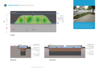 DESENHO TÉCNICO: JARDIM DE CHUVA NA VIA

As setas tracejadas em azul (desenho ao lado)
representam o fluxo das águas pluviais pela estrutura.
A figura acima ilustra um jardim de chuva construído de
acordo com o desenho técnico apresentado ao lado.

PROJETO TÉCNICO: JARDINS DE CHUVA

5

 